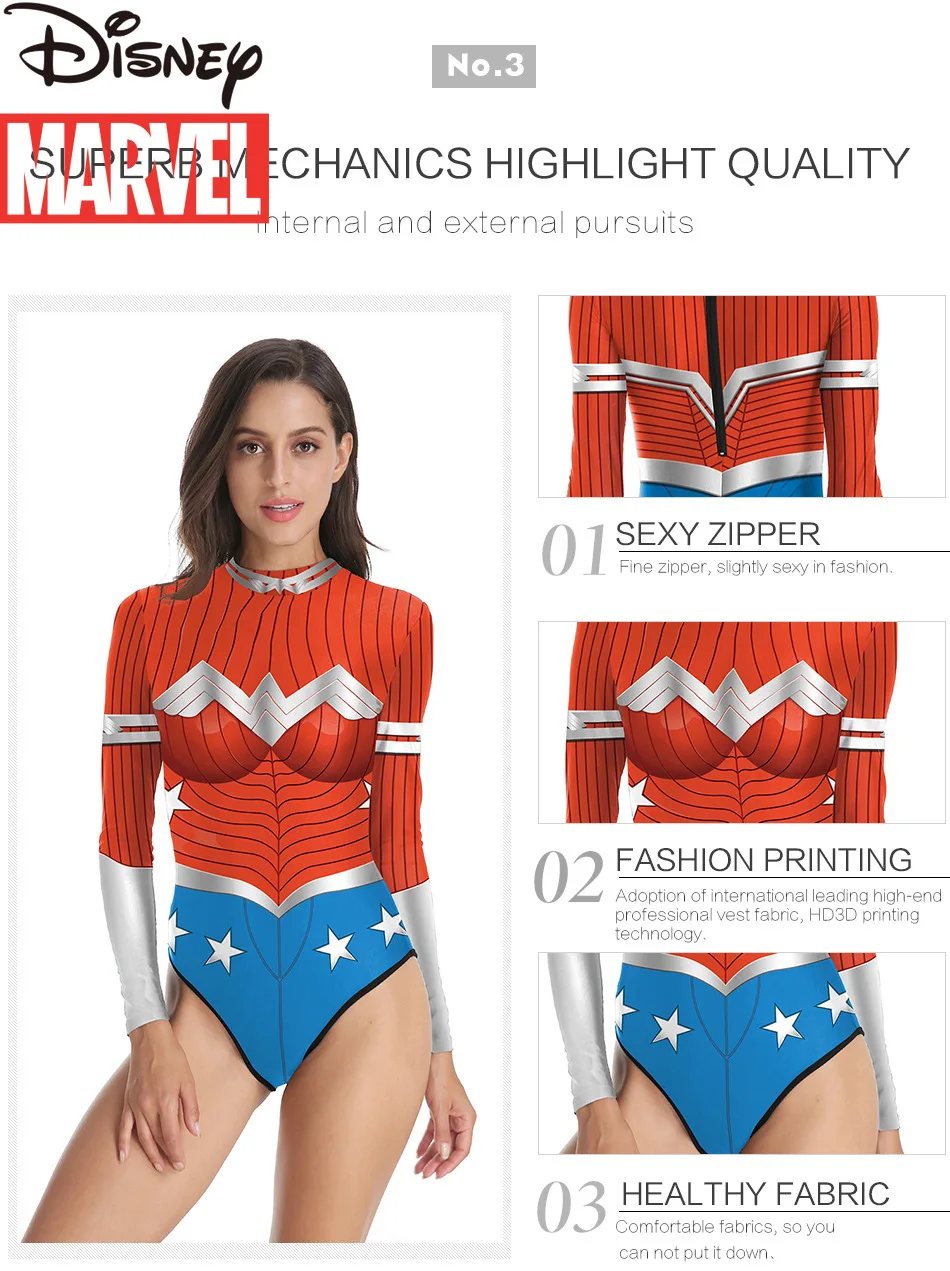

Disney Marvel Avengers Beach Surfing Suit European and American Printed Long Sleeve Slim One-Piece Swimsuit