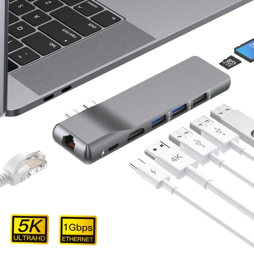 

dodocool USB C Hub for MacBook Pro Adapter with 1Gbps RJ45 Gigabit Ethernet 4K HD 3 USB 2.0 3.0 Ports 512GB SD/TF Card Reader