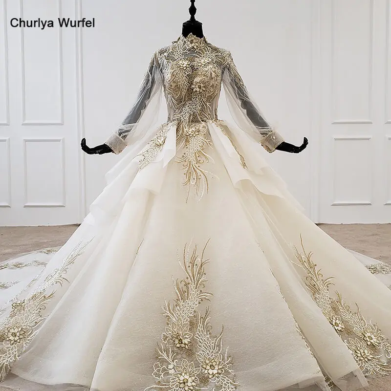 HTL1242 2020 арабские свадебные платья Дубай с высоким воротом рукав фонарик