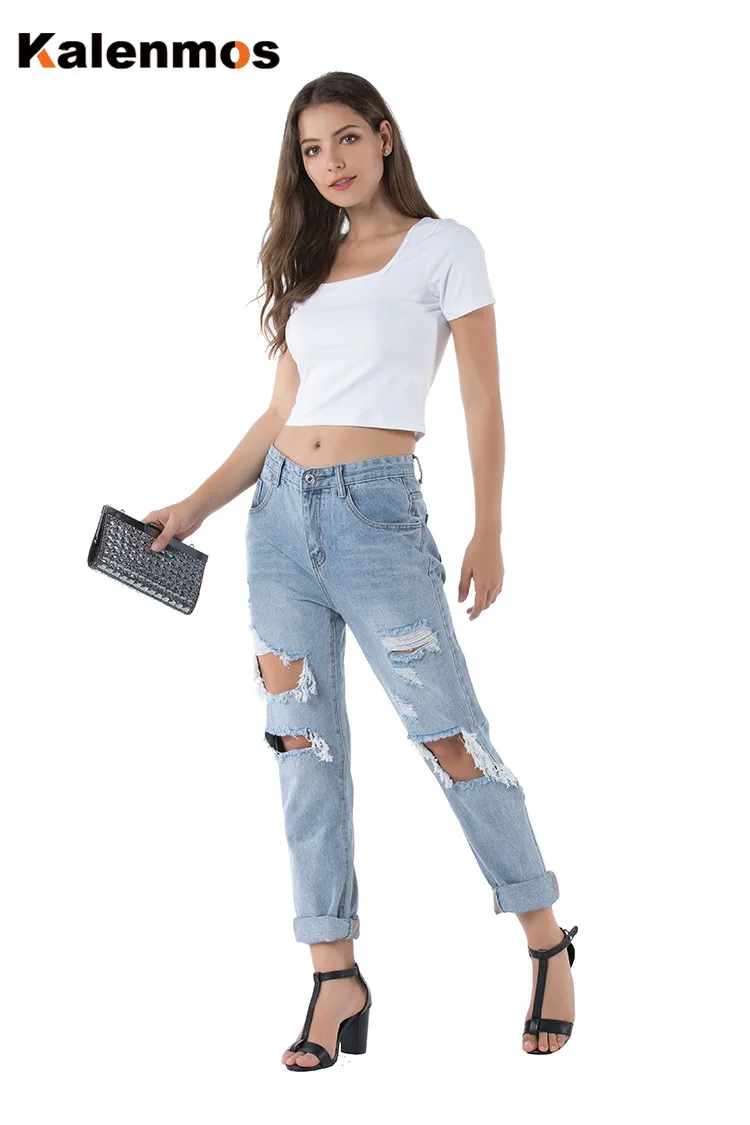 

Denim Pants Women KALENMONS High Waist Washed Jeans Pocket Bleached Summer Casual Trousers 2020 Baggy Work Jean Loose Vintage