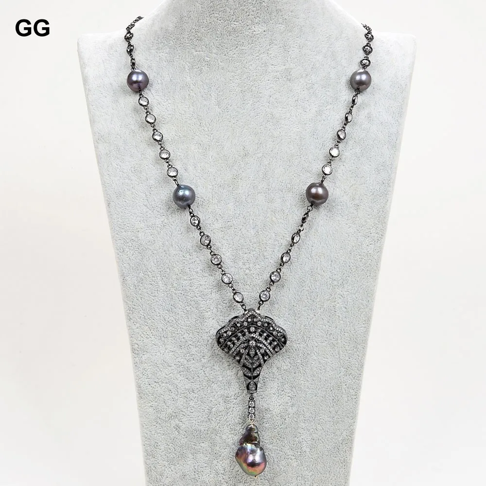

GuaiGuai Jewelry 27" Natural Black Keshi Pearl Gunmetal CZ Crystal Chain Necklace CZ Baroque Pearl Pendant