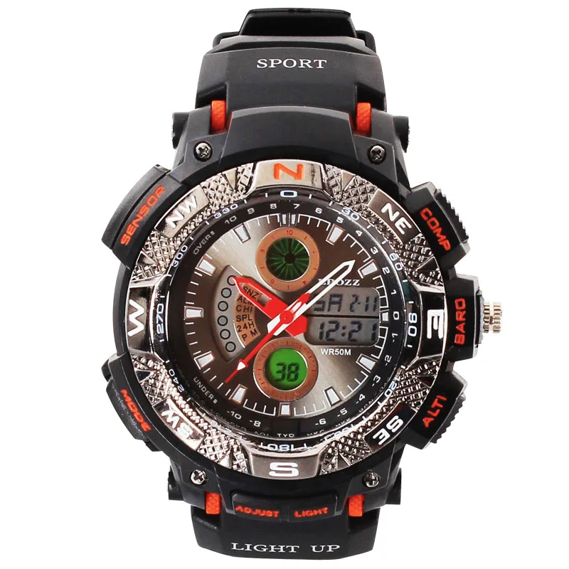 orange with box Epozz Модные Аналоговые Цифровые мужские спортивные часы, мужские водонепроницаемые часы для плавания, 50 м, круглое пластиковое кольцо, уличные часы E1311 - Цвет: orange with box