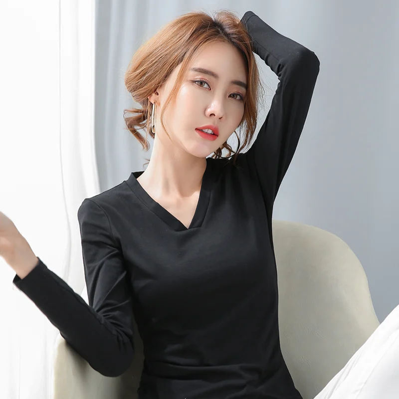 

gkfnmt T Shirt Women 2022 Autumn V-Neck Tshirt Female Long Sleeve T-Shirt Cotton White Tee Shirt Femme Korean Clothes Big Size