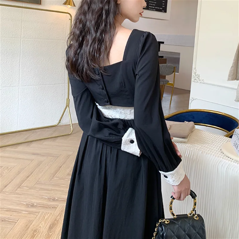 Женское винтажное платье средней длины элегантное однотонное черное вечерние во