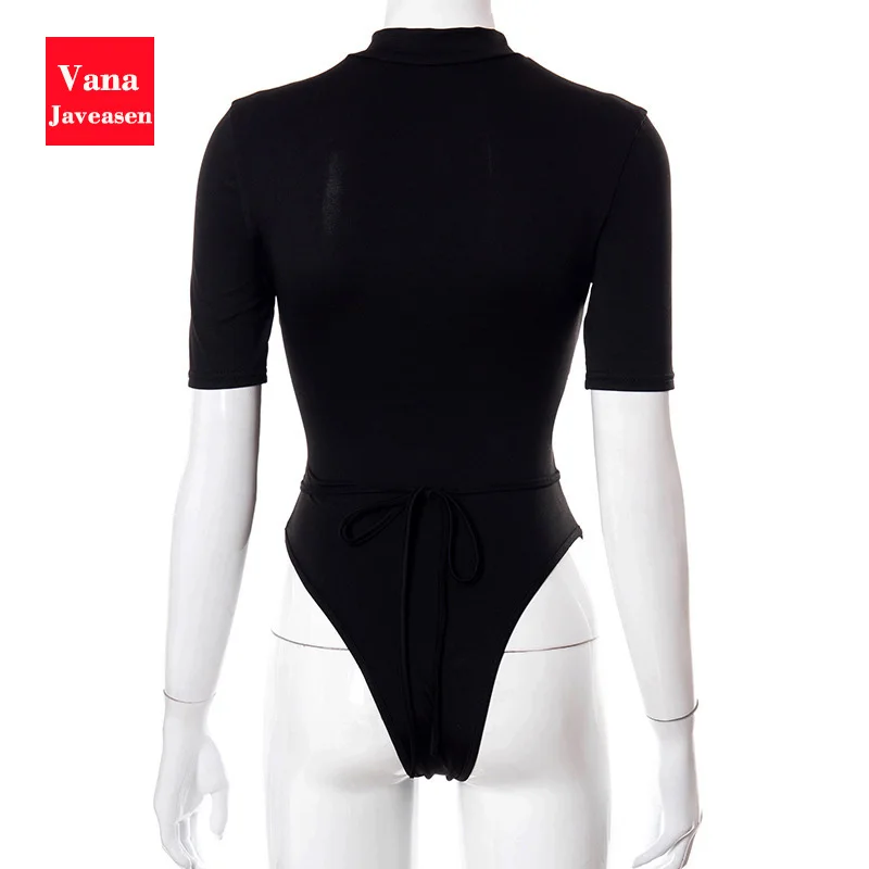

Sexy Hollow Bodysuits Women Nightclub Solid Color Bandage Design Skinny Rompers O-Neck Short Sleeve Black Bodysuit Summer