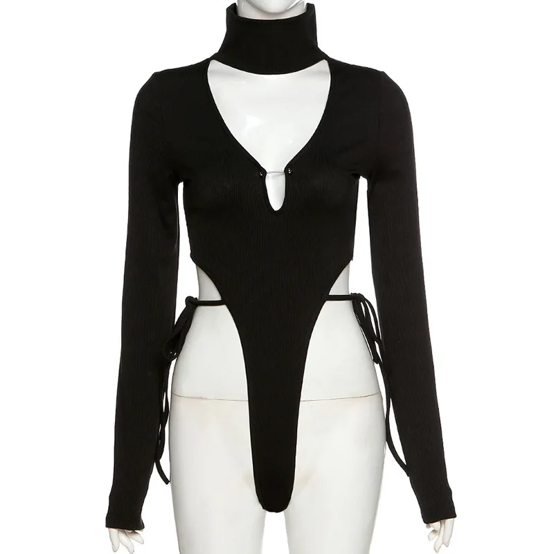 

2021 New Long-sleeved Round Neck Hollow Strap Is Slim Wild Bottoming Jumpsuit Woman Bodysuit