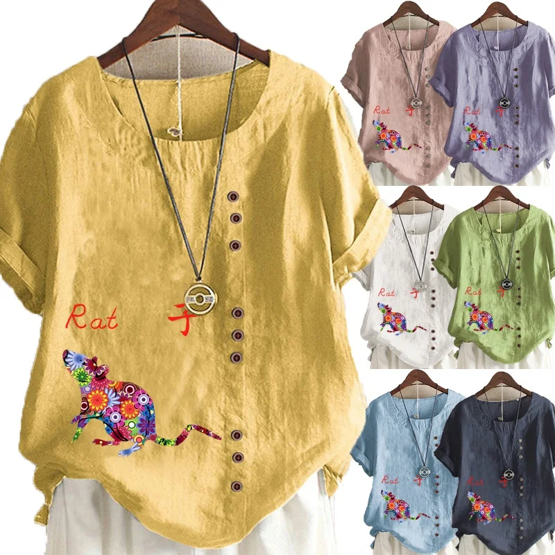 

Summer Women's Casual the Chinese Zodiac Printed Linen Shirt Ladies Top Round Neck Short Sleeve T-shirt Loose Top