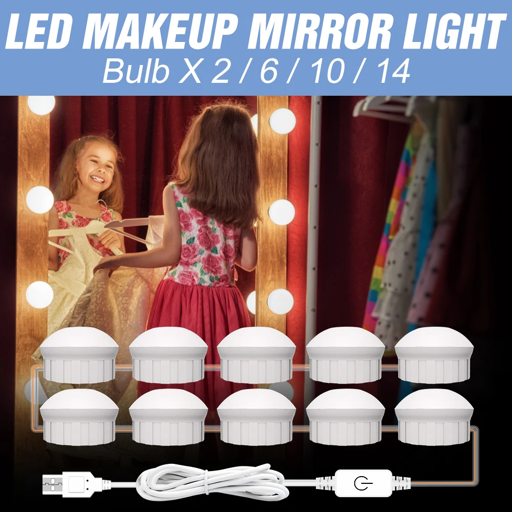 

12V Mirror Lamp Dimmable Dressing Table USB Makeup Mirror Light 2 6 10 14leds Vanity Lights USB Makeup Mirror Bulb Hollywood