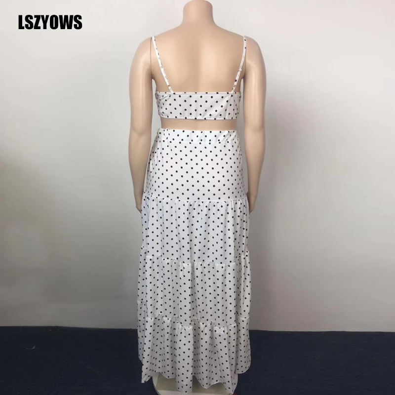 

5xl Plus Size Two Piece Summer Outfits Women Spaghetti Strap Tank Top + High Waist Long Skirt Polka Dot 2 Pieces Set Party Suits