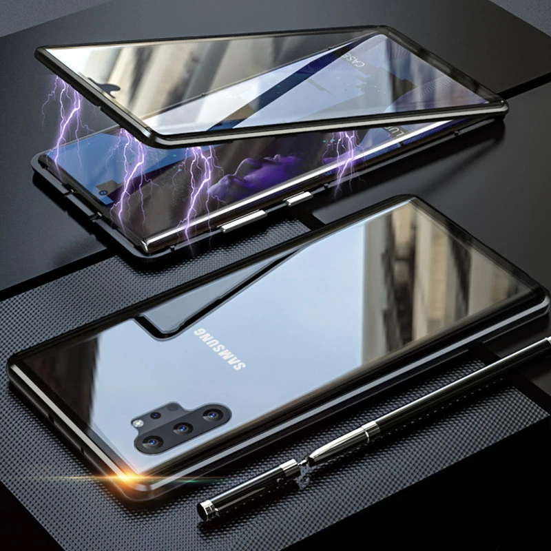 Двухсторонняя, для стекла металлический магнитный чехол для samsung Galaxy Note 10 плюс 360 полная защита Прозрачная крышка для samsung Note10 чехол - Цвет: black