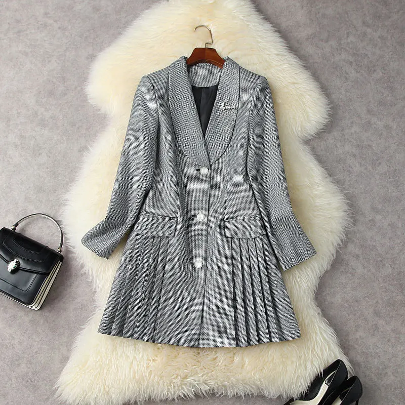 

Autumn 2021 Women Wool Blazer Dress Fashion Designer Houndstooth Notched Collar Long Sleeve Mini Pleated Dress Office Vestidos