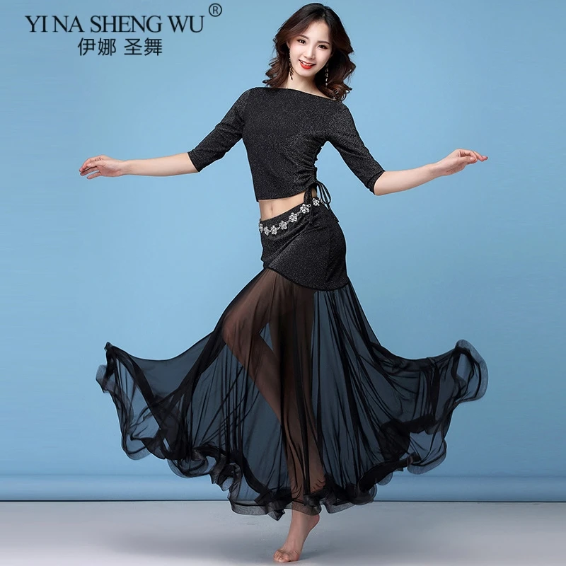 1187 Black Set Танцевальный Костюм r, Женская Блестящая одежда для танца живота, летний сексуальный топ с коротким рукавом, юбка для восточных танцев, одежда для танца живота, новая одежда - Цвет: 1187 Black Set