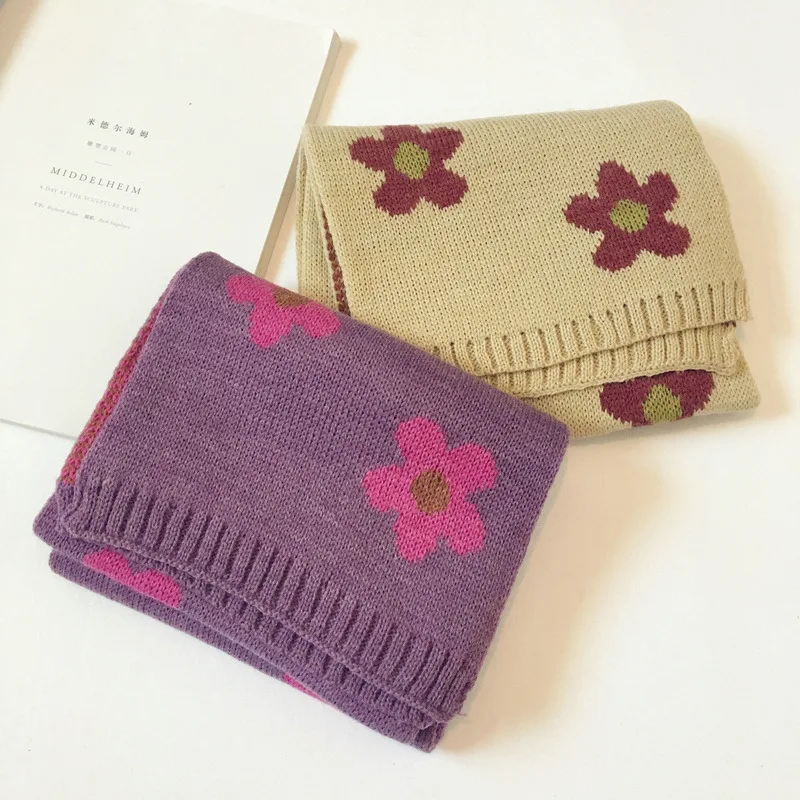 Новинка Осень Зима Детские вязаные шарфы в Корейском стиле с цветочным узором