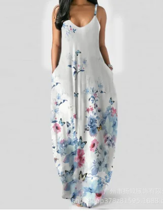 

Женское платье макси на бретельках с цветочным рисунком, Свободное длинное платье с V-образным вырезом и карманами