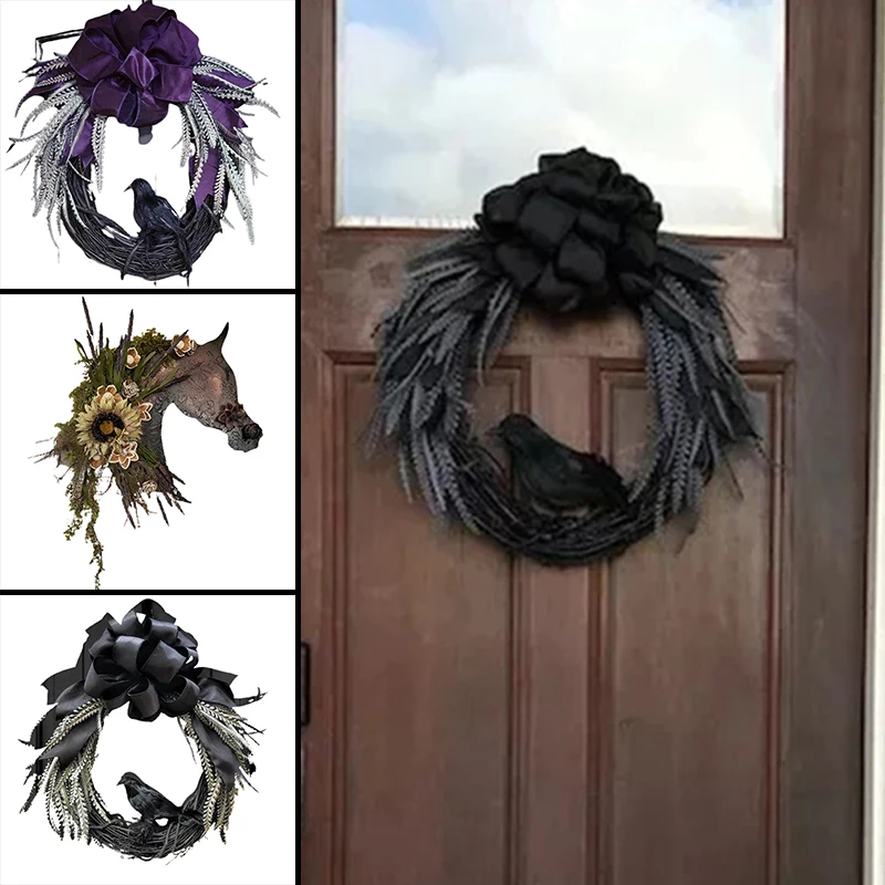 

Готический домашний декор на Хэллоуин, венок, тыквенная ворона, круглая гирлянда, венок на Хэллоуин, венок для входной двервечерние енный Де...
