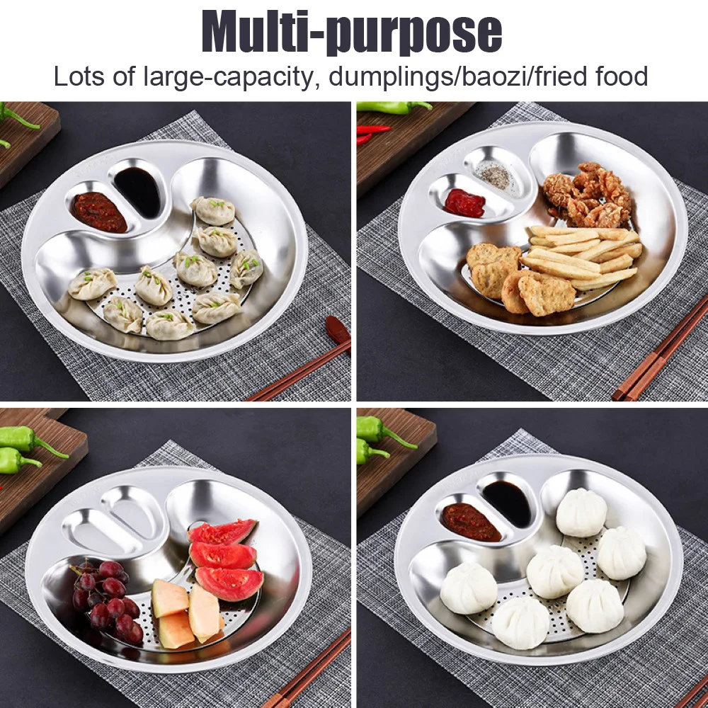 

Stainless Steel Dumplings Plate with Dipping Saucer Plates and Bowls Dinnerware Sets Dishes Double Layer Draining Dinner Plates