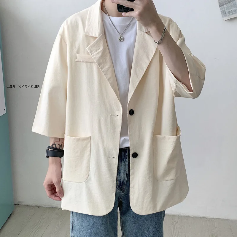

2020 Spring And Summer New Youth Popular Men's Korean Version Of Solid Color Loose Five-point Sleeve Suit Fashion Casual Top