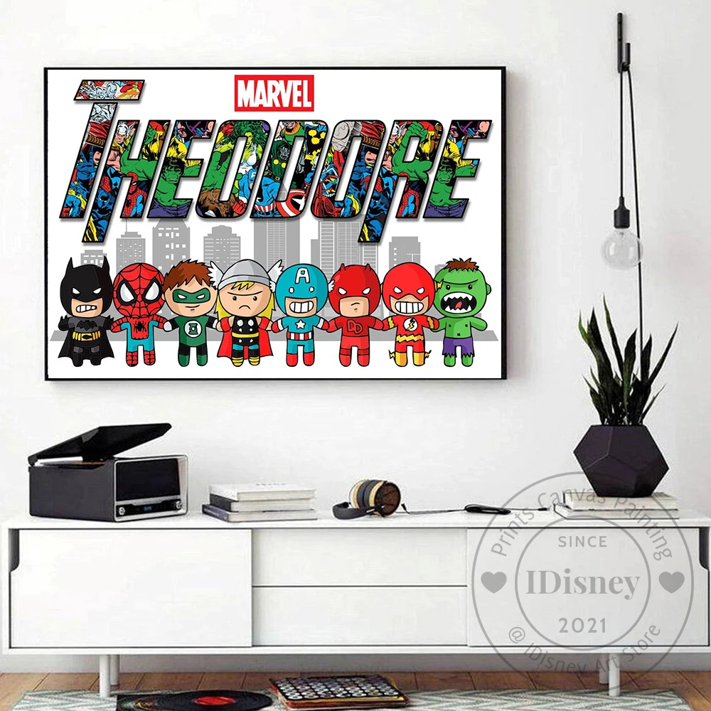 Персонализированный плакат с именем супергероя Marvel в подарок на день рождения для любителей комиксов, печать на холсте, декор для комнаты, картины Куадрос он.