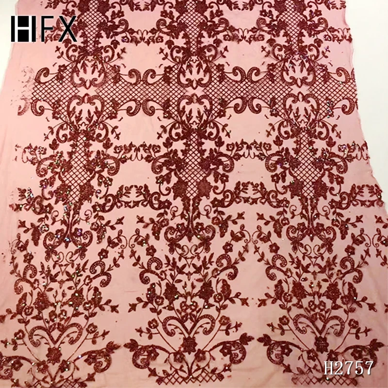 HFX высокого качества нигерийские кружевные ткани золотые блестки, кружева ткань розовый тюль кружева ткань лучшие продажи Африканские кружева F2757