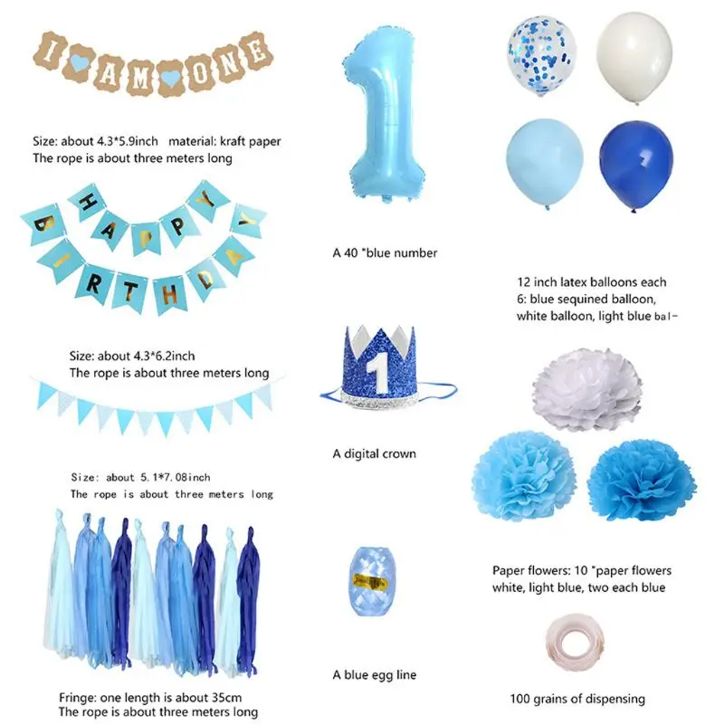 

1st Birthday Party Decoration Foil Number Banner Balloons First Baby Shower Boy