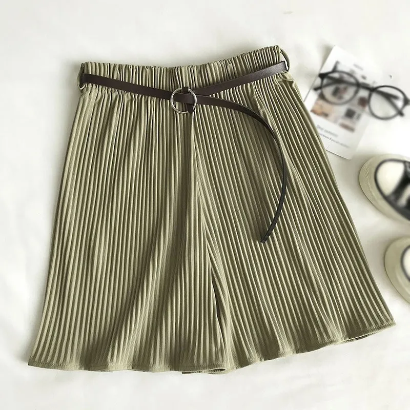 

Women's Wide Leg Shorts Elastic Waist Solid Color Summer Casual Hot Shorts With Belt /