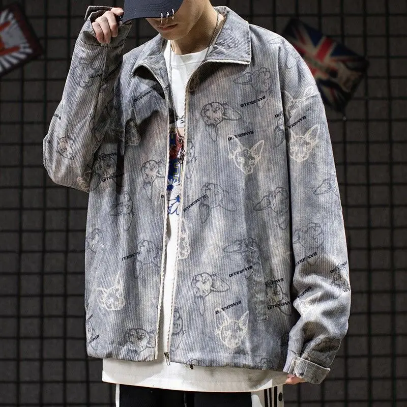 

Men Old School Trendy Cartoon Printed Zip Up Long Sleeve Coat Oversized Casual Loose Vintage Corduroy Jacket Hip Hop Streetwear