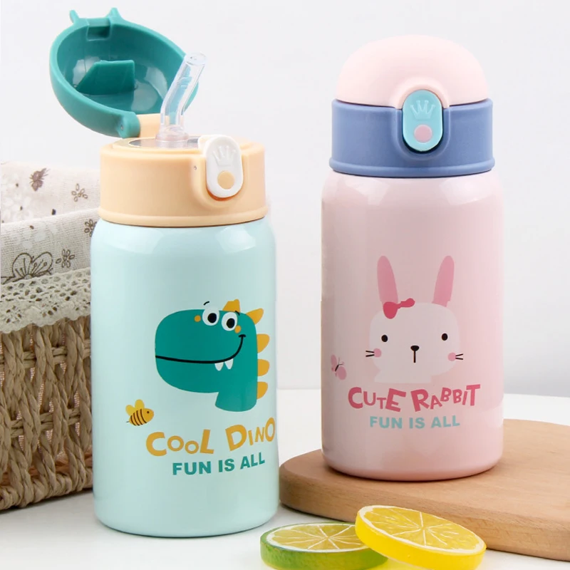 

400ml Kids Stainless Steel Straw Thermos Mug With Case Kids Cartoon Leak-Proof Vacuum Leak-Proof Thermal Water Bottle Thermocup
