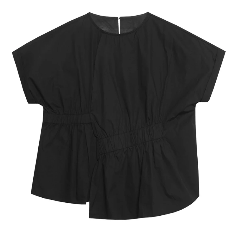

[EAM] Women White Pleated Irregular Blouse New Round Neck Short Sleeve Loose Fit Shirt Fashion Tide Spring Summer 2021 1DD8310