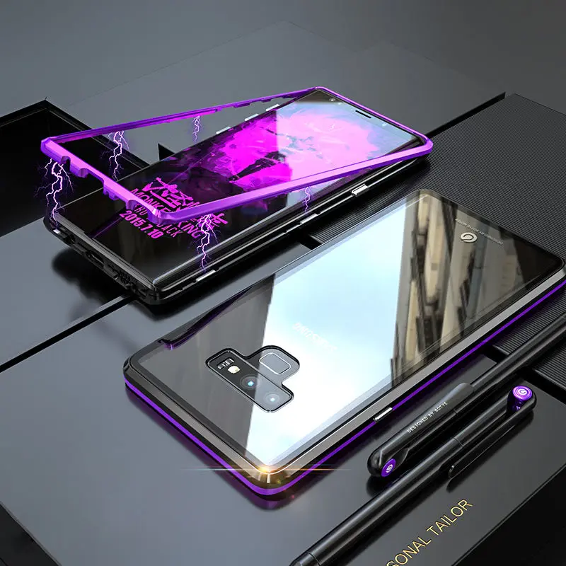 Магнитный металлический чехол для samsung Galaxy S10 Plus S10E S9 S8 Note 9 8 Магнитный бампер 9H стеклянная крышка для samsung S10E чехол S10Plus S - Цвет: Black Purple