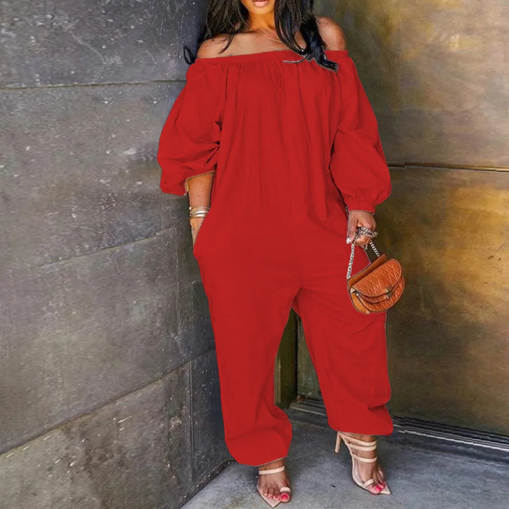 

Elegant Slash Neck Solid Color Jumpsuit Women Sexy Off Shoulder Long Sleeve Playsuits Ladies 2021 Casual Pocket Beach Overalls