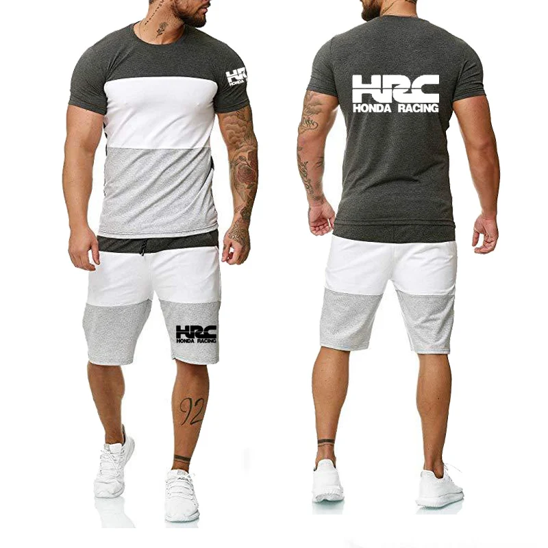 

Summer New Colorblock Men T-Shirts HRC race Car Logo Printed Casual Round neck Cotton Men's T-shirt+shorts suit 2pcs P