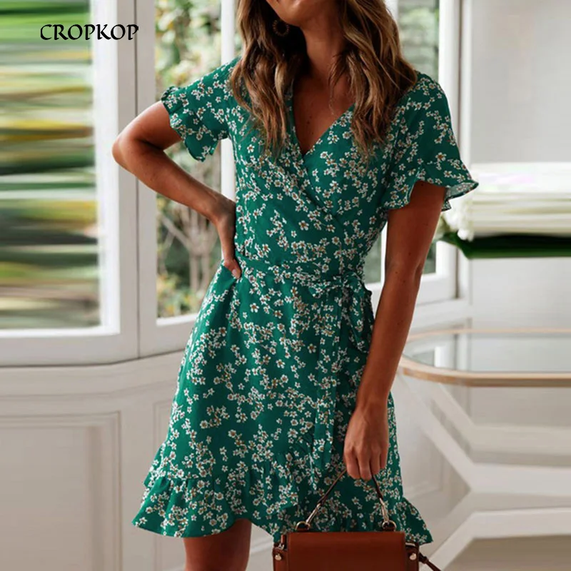

Summer Boho Mini Dresses Women Ruffle Sleeve Short Wrap Sexy Floral Print 2020 Women Vintage Beach Party Dress
