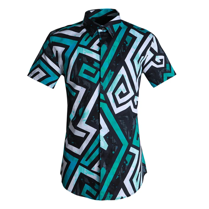 2021 Green Men Shirt Luxury Labyrinth Pattern Short Sleeve Mens Shirts Fashion Casual Slim Fit Mens Dress Shirts Plus Size 4XL