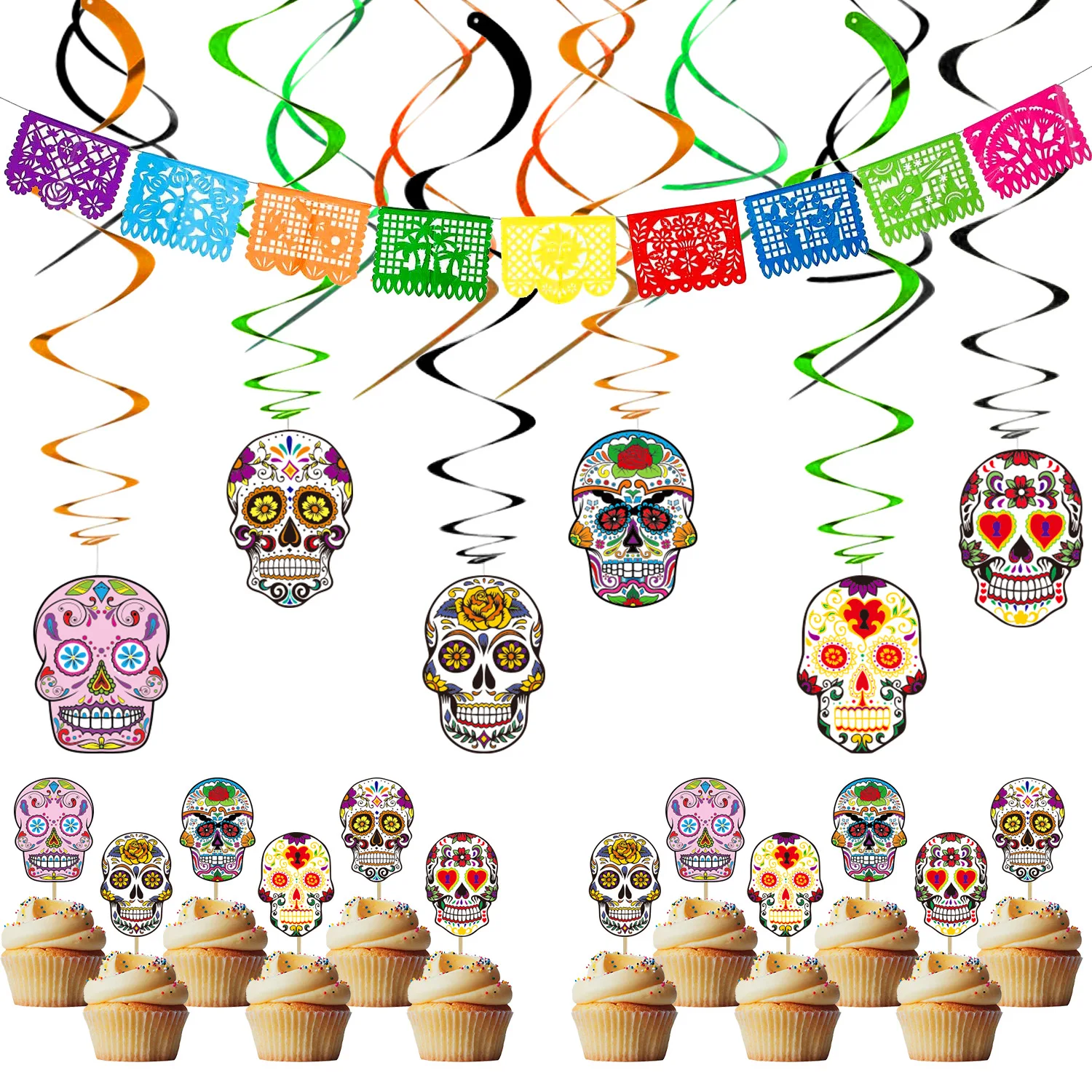 

Mexico Day of the Dead party decoration square paper-cut banner pvc spiral pendant card Halloween Christmas balloon set
