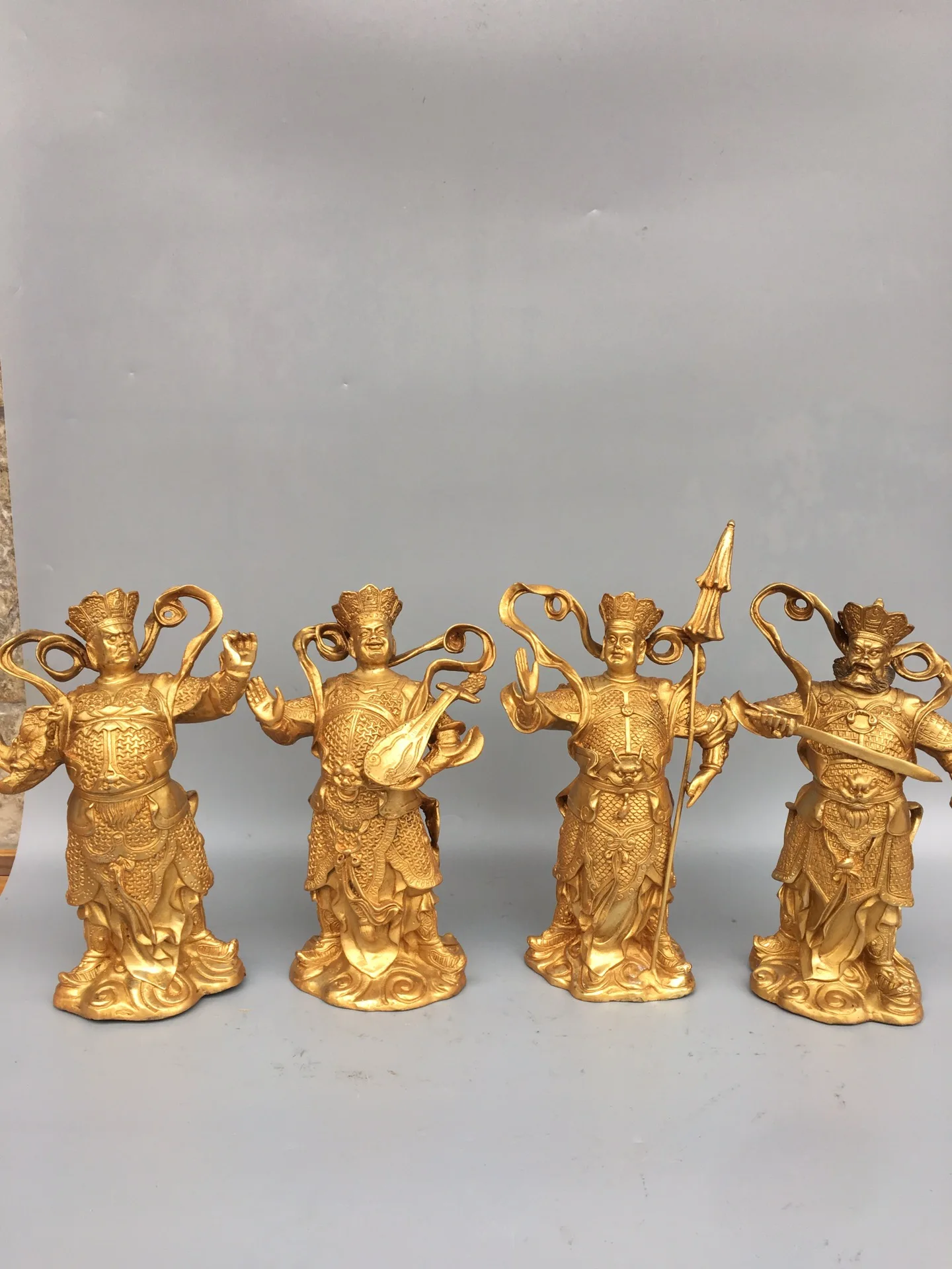 

9"Chinese Folk Collection Old Bronze Gilt The four heavenly kings Four patron saints set Standing Buddha Ornaments Town House