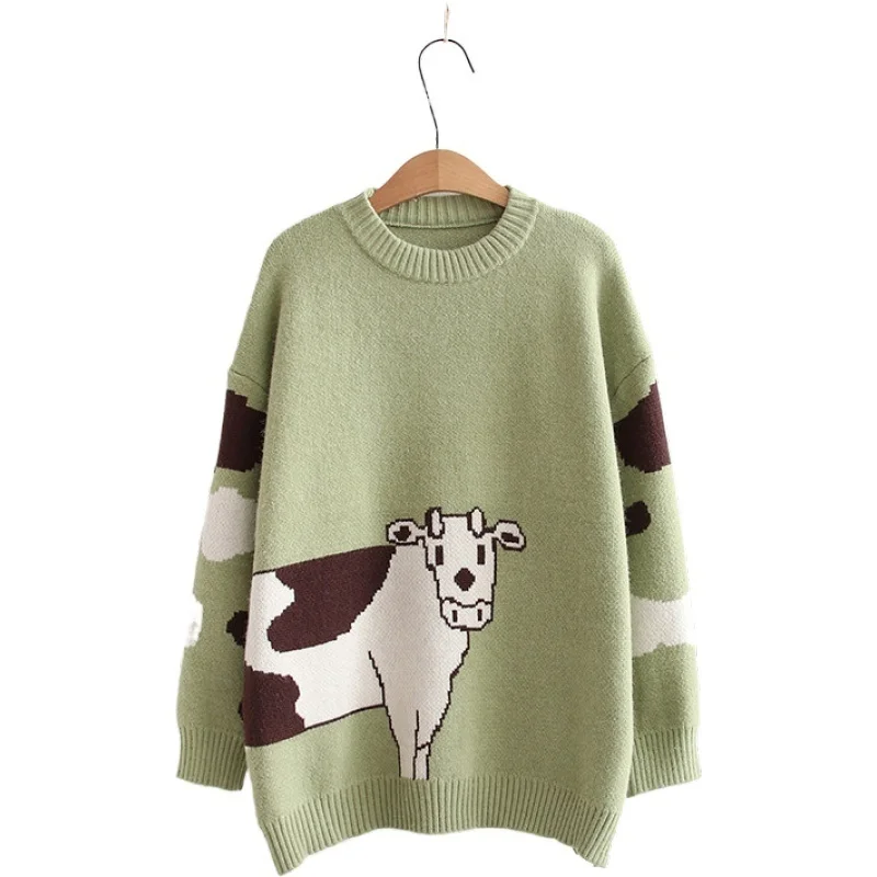 

JCHB Sweaters Women's Jumper O-neck Pullover Kawaii Long Sleeve Loose Knitted Pullover Winter Female Cartoon Cows Embroidery Top