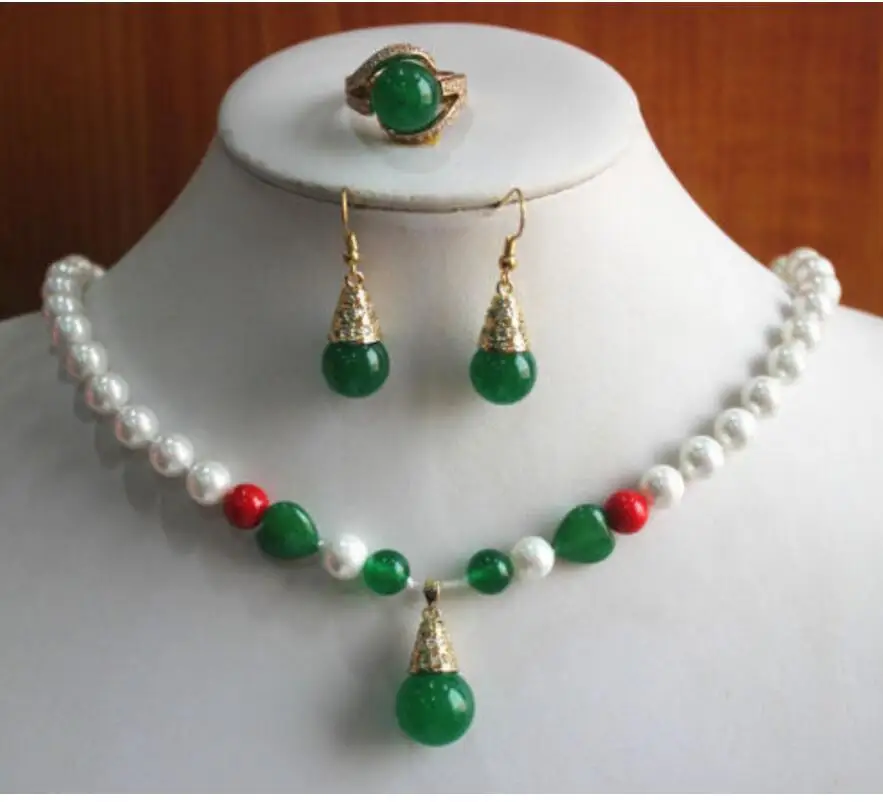 

Fashion Women'S 8mm White Pearl And Green jade Necklace Earring Ring Jewelry Set