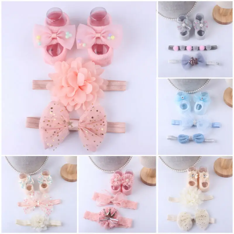 2019 Baby Accessories + Socks 3Pcs Set Kids Newborn Cartoon Anti-slip Sock Shoes Boots Bowknots Floor Slipper | Детская одежда и