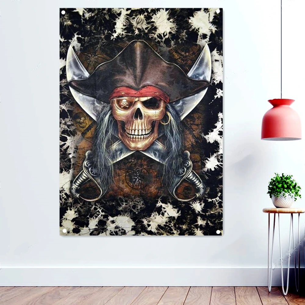 

Vintage Pirate Flag Skull Art Poster Wall Chart Quality Polyester Piratas Party Flags and Banners Accessories Indoor Wall Decor