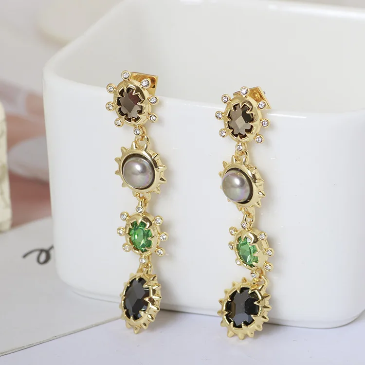 

European and American Retro Sun Shape Inlaid Pearl Zircon Long Earrings