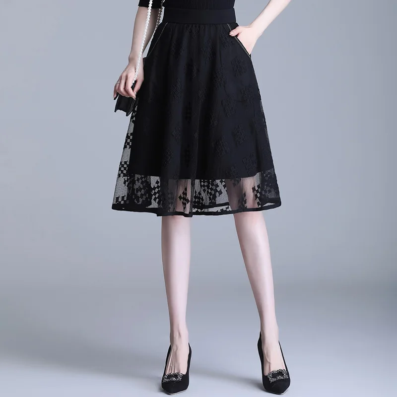 

Женская кружевная сетчатая Юбка-миди, винтажная черная юбка до колена с завышенной талией, трапециевидная юбка, женская мода, юбки для офиса