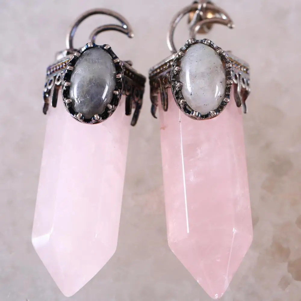 Ожерелье кулон натуральный камень лабрадорит розовый кристалл шестиугольная