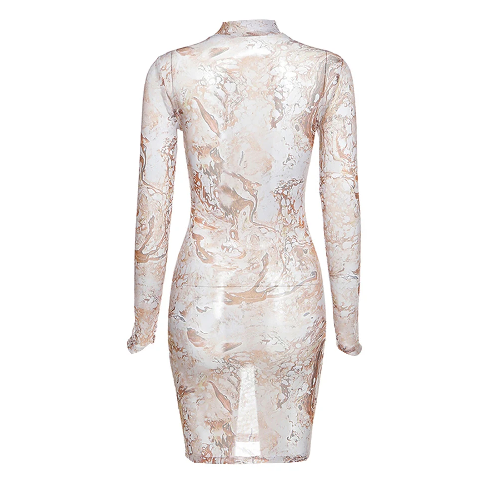 Сексуальное Сетчатое прозрачное винтажное кофейное платье с жидким принтом