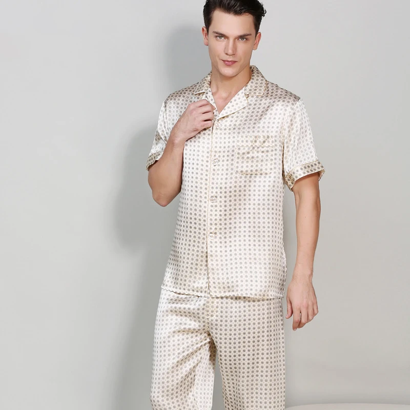 100% Mulberry Silk Men Pajama Sets Print Noble Notch Collar Short Sleeve Top with Full-Length Pant with Elastic Waist sp0179