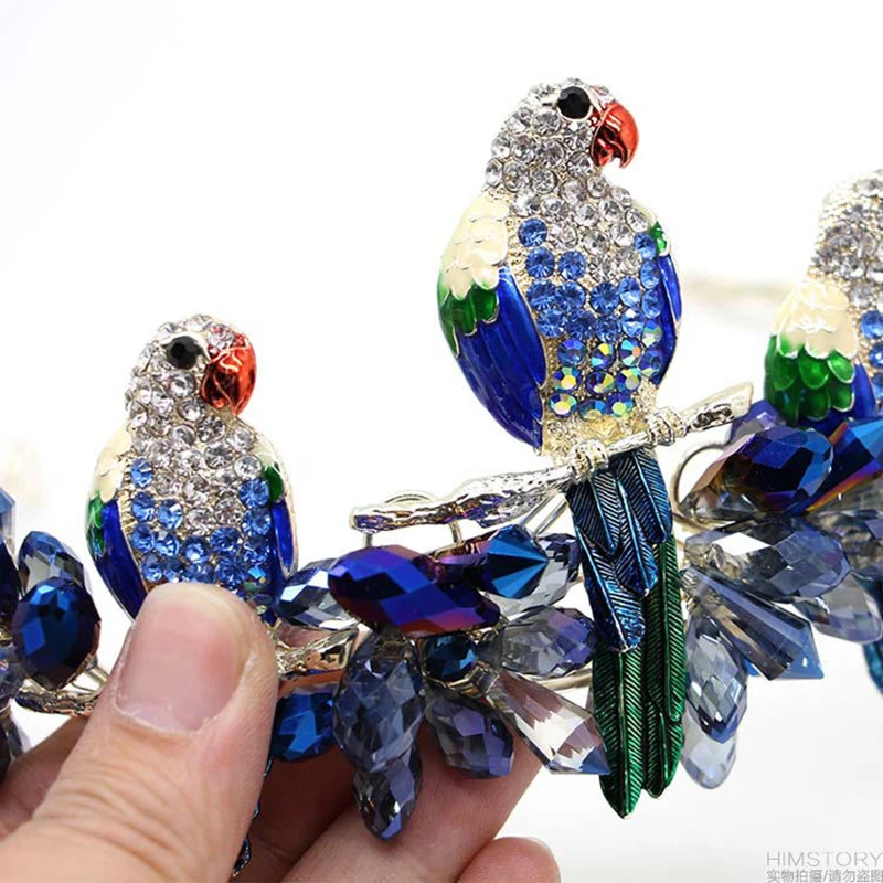 NiuShuya Lovely Bird  Baroque Crystal Hair Crown Brides Royal Princess Blue Bead Headband Handmade Wedding Jewelry  Accessories images - 6
