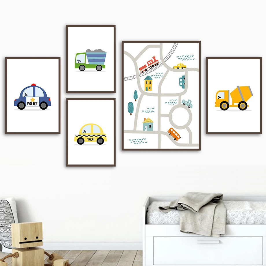 

Wall Art Canvas Painting Kids Bus Truck Taxi Engineering Vehicle Nordic Posters And Prints Wall Pictures For Kids Room Decor