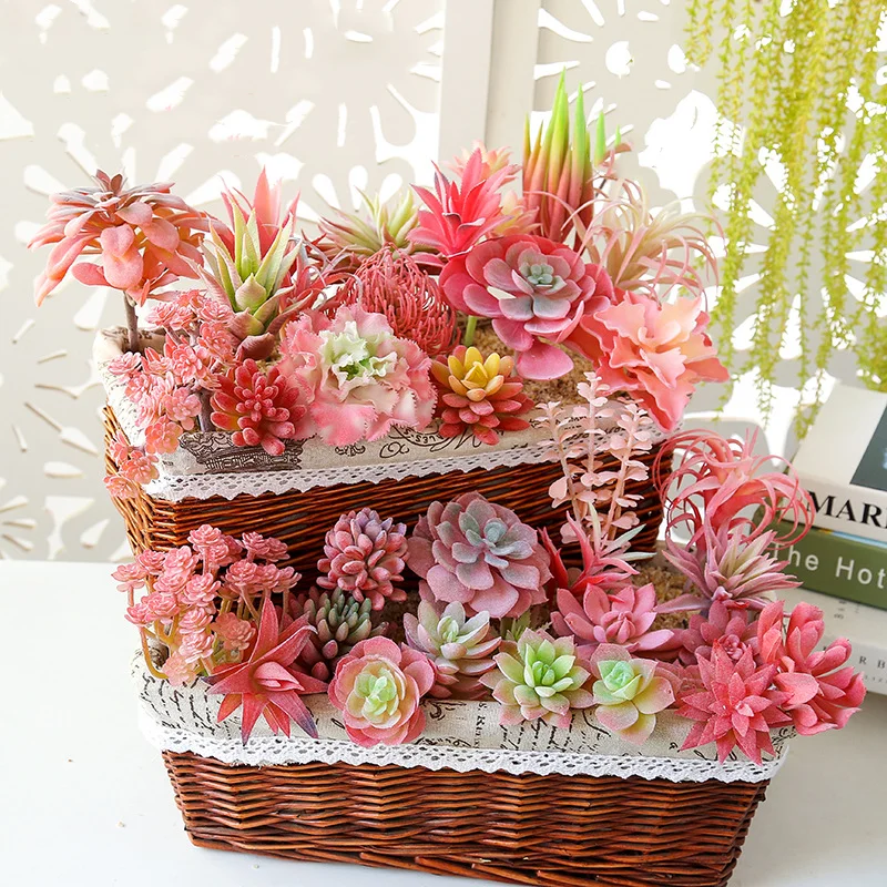 

39 Styles Pink Artificial Flocking Succulents DIY Mini Bonsai Artificielle Decoration Fake Plants For Home Outdoor Potted Decor