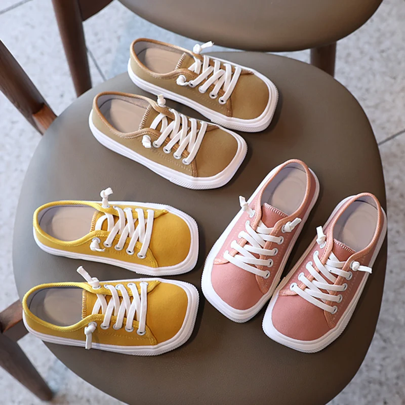 

Кроссовки Детские холщовые, повседневная обувь для девочек, на шнуровке, с квадратным носком, спортивные беговые кроссовки, весна-осень