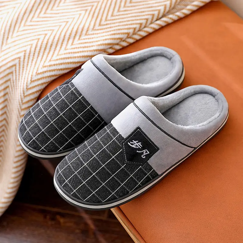 

Plus Size 49-50 Indoor Winter Slipper Mens Home Scuff Shoes Male Bedroom Slippers Checked Men Flat Fur Mules Shoes Slipper 2021
