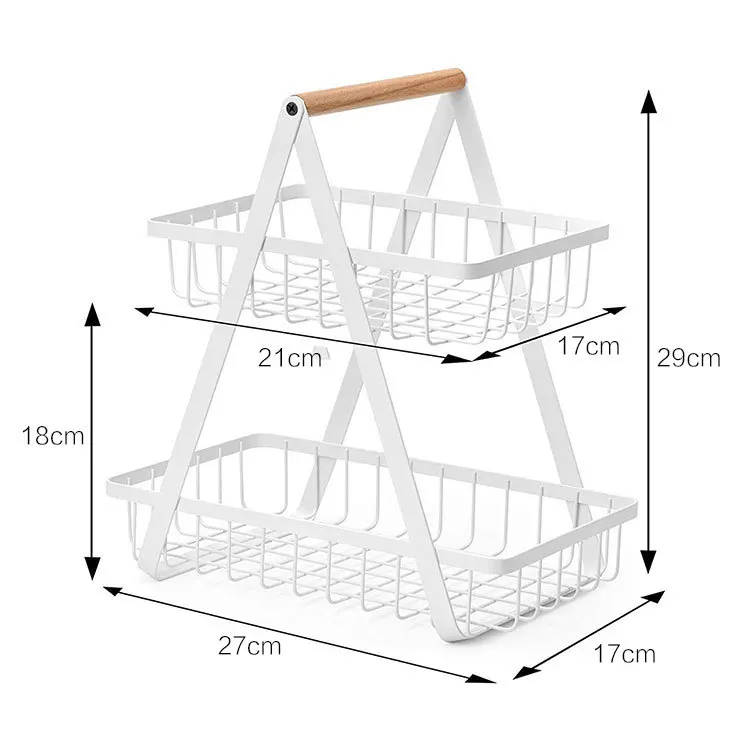 

Double-Layer Portable Wrought Iron Kitchen Storage Basket Rectangle Countertop Fruit Bread Wire Baskets With Wooden Handle